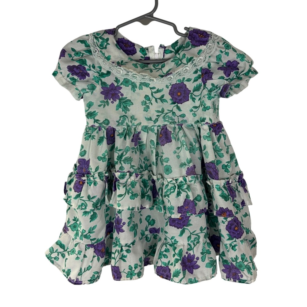 Vintage Floral Ruffle Tiered Dress Purple Green Lace Trim Short Sleeve White